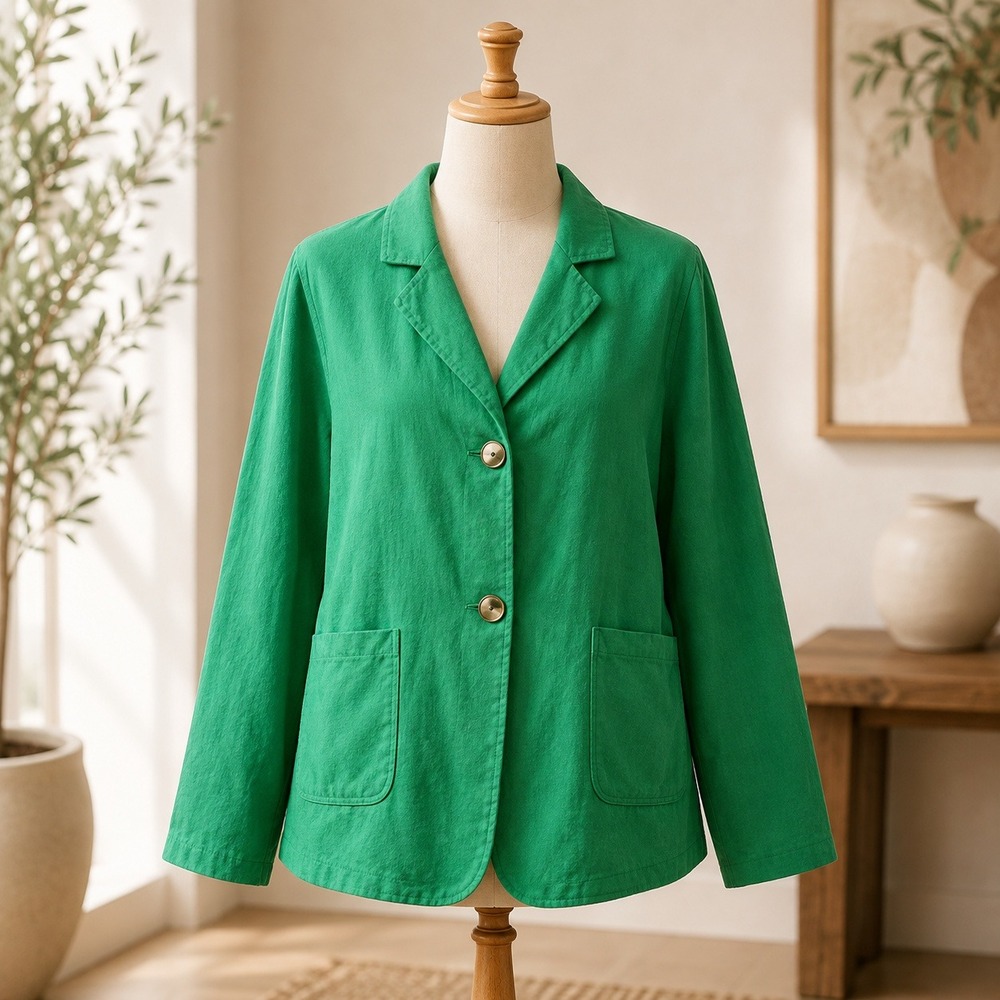 NWT Susan Graver Weekend Knit Blazer Womens 3XP Green Button Front Pockets